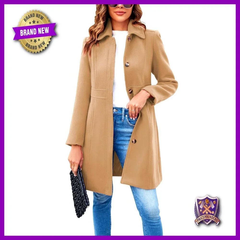 Elegant Single Breasted Pea Coat Long Sleeve Mid Winter Overcoat Work Office
